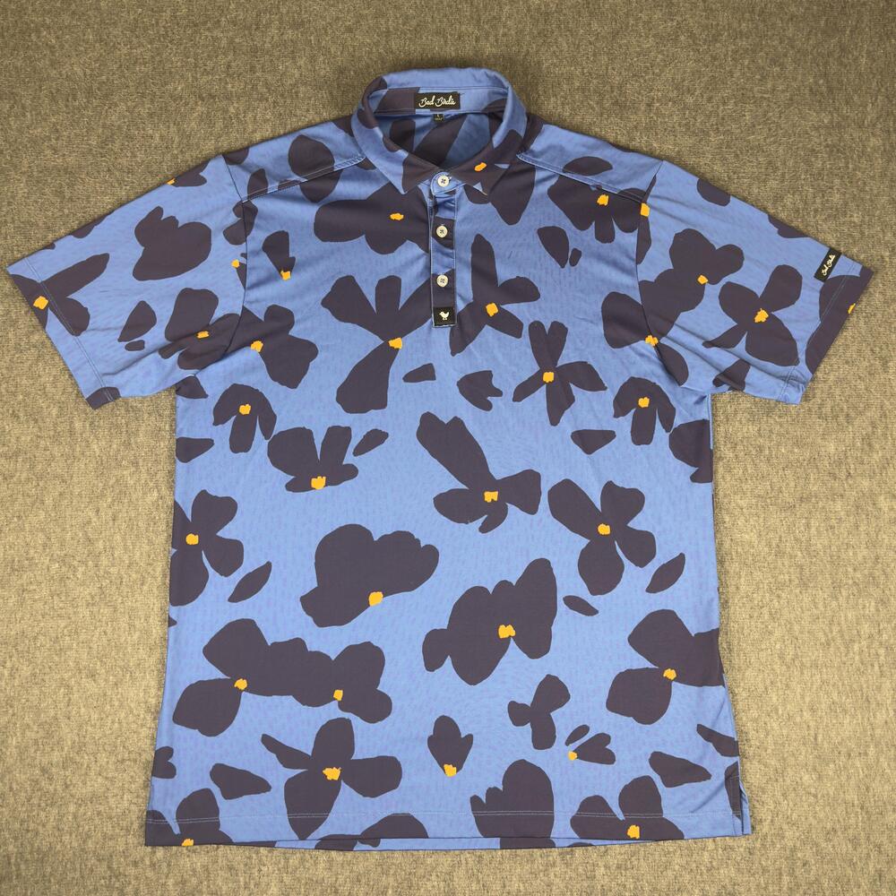 Bad Birdie Polo Shirt Mens Large Blue Floral AOP Golf Performance Stretch Knit